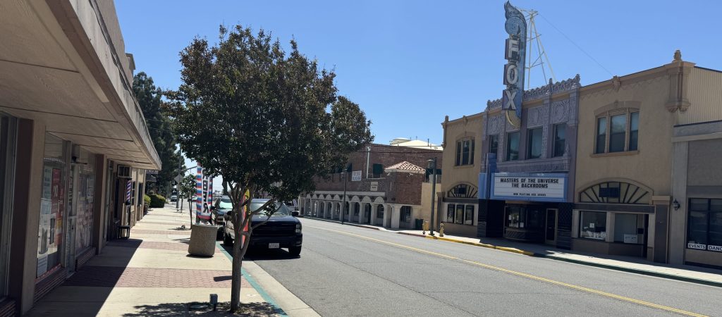 View of Downtown Banning California showing the Fox Theater across the street from Banning Tech Know phone and computer repair store