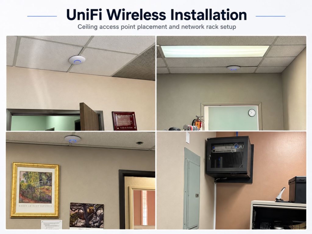 UniFi wireless installation with ceiling-mounted access points and wall-mounted network rack setup by Banning Tech Know